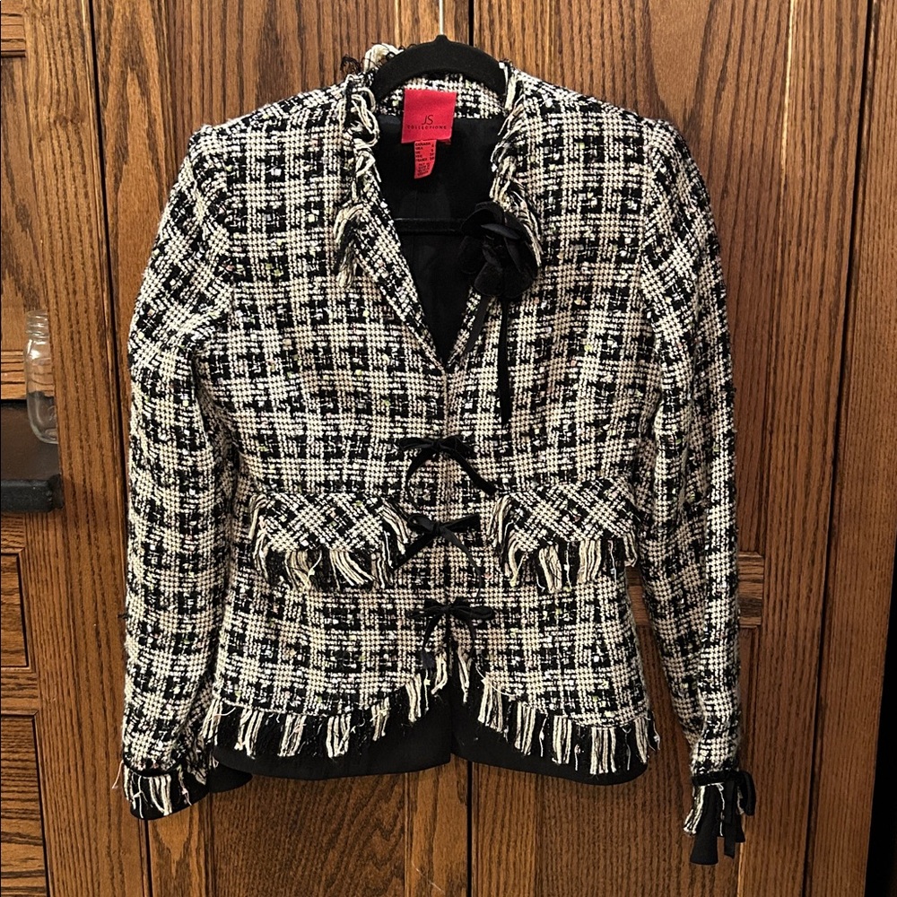 JS Collections Tweed Plaid Blazer Velvet Bows Black White Green‎ Holiday Size 4